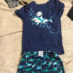 Boys shark Jammie’s size 5T fits like 4T. Small stain front of shirt in pics.